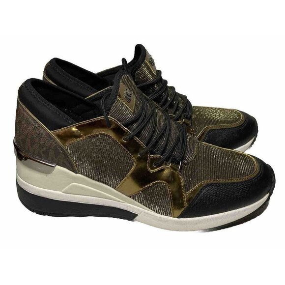 MK Logo Michael Kors 7.5 Wedge Heel Trainer Sneakers Black & Bronze Shoes - Picture 3 of 8